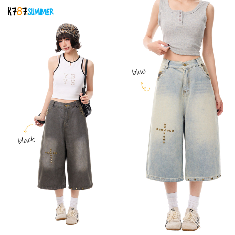 K787 American-Style Cross-Stitch Washed Denim Cropped Pants for Women, Wide-Leg Pants with Distressed Design, Straight Wide-Leg Pants