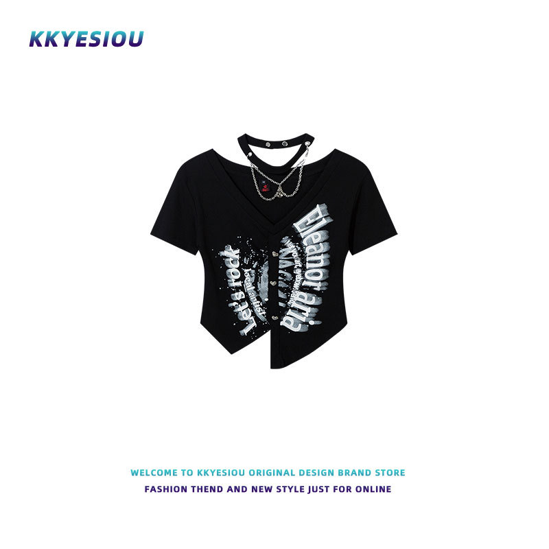 Kkyesiou Spicy Girl Halter Neck Design Hip-Hop Short Top for Women, Hot and Versatile Cardigan, Regular Shoulder Short-Sleeve T-Shirt