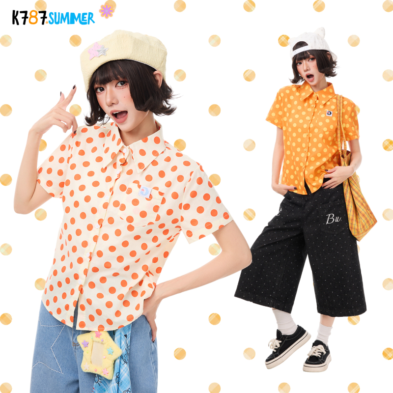 K787 Milk Orange Polka Dot Age-Reducing Regular Shoulder Short-Sleeve Shirt for Women, Light Y2K Orange Series Shirt, Short Top for Summer K787 Milk Orange Polka Dot Age-Reducing Regular Shoulder Short-Sleeve Shirt for Women, Light Y2K Orange Series Shirt, Short Top for Summer