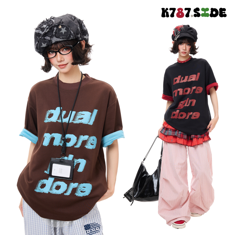 K787 American Retro Letter Print Color-Block Crew Neck T-Shirt Unisex Loose Trendy Casual Street Short-Sleeve Top K787 American Retro Letter Print Color-Block Crew Neck T-Shirt Unisex Loose Trendy Casual Street Short-Sleeve Top