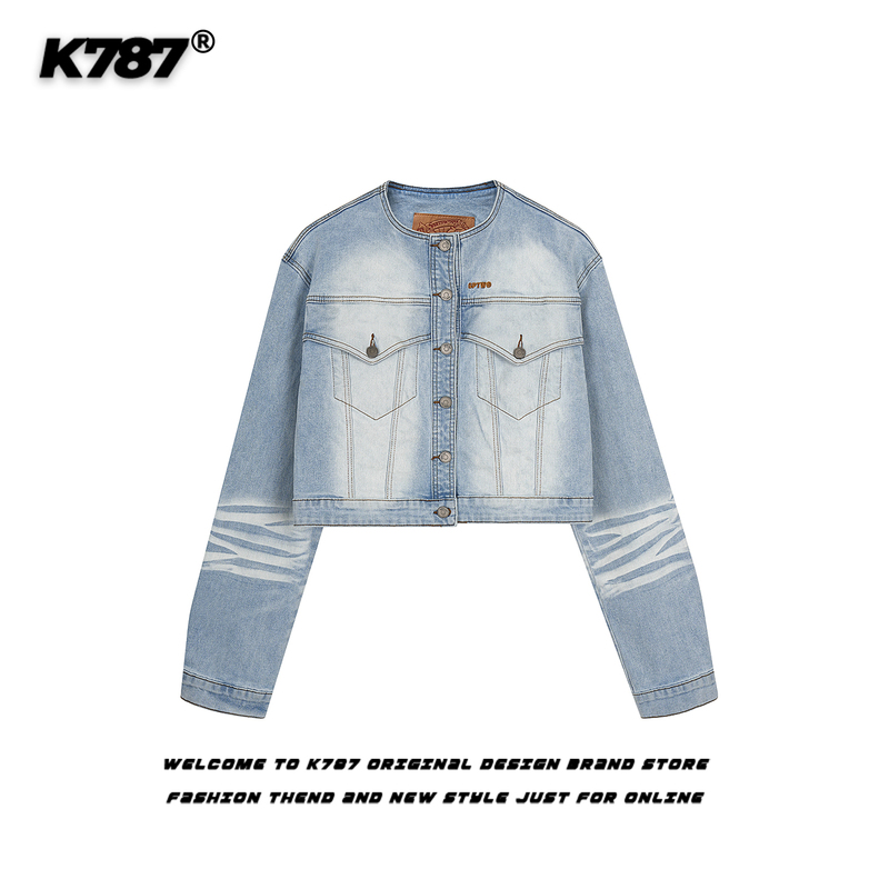 K787 American Retro Whiskered White Denim Jacket with Stand Collar for Women, Vintage Cool Style, Loose Casual Short Coat