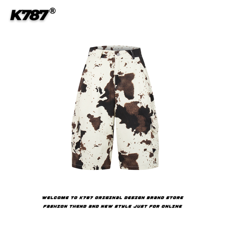 K787 American Retro Distressed Cow Print Cargo Pants Unisex Loose Casual Street Style Wide-Leg Cropped Pants Trendy