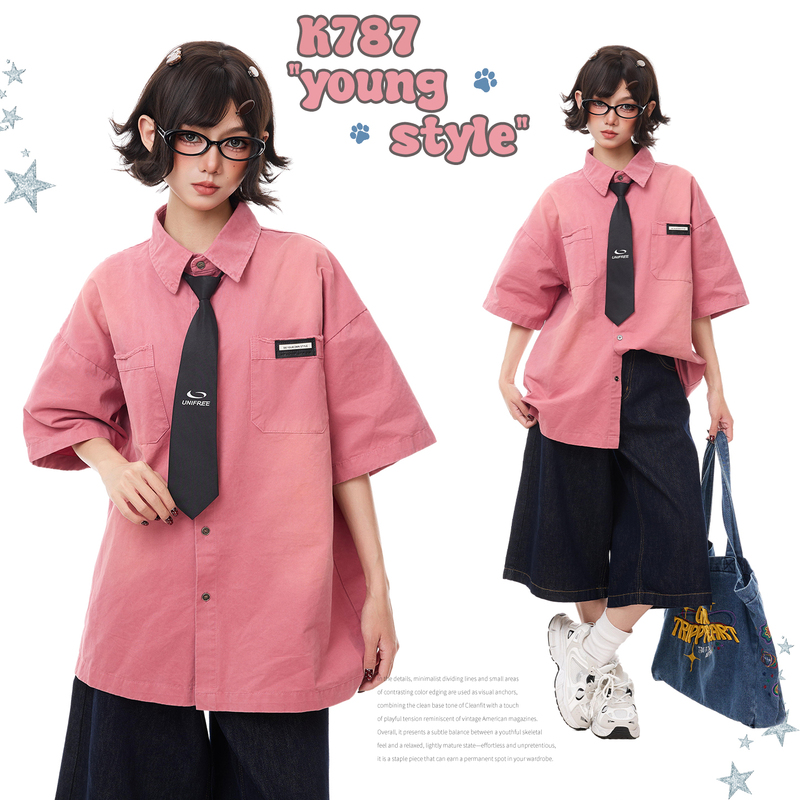 K787 American Retro Trendy Brand Washed Design Short-Sleeve Shirt for Men and Women, Pink College Style with Tie Jacket