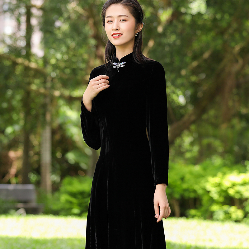 Autumn Water Ballad (Chaolu Moyun) Spring, Autumn and Winter Silk Velvet Long Sleeve Dress Women's Chinese Improved Bottoming Skirt