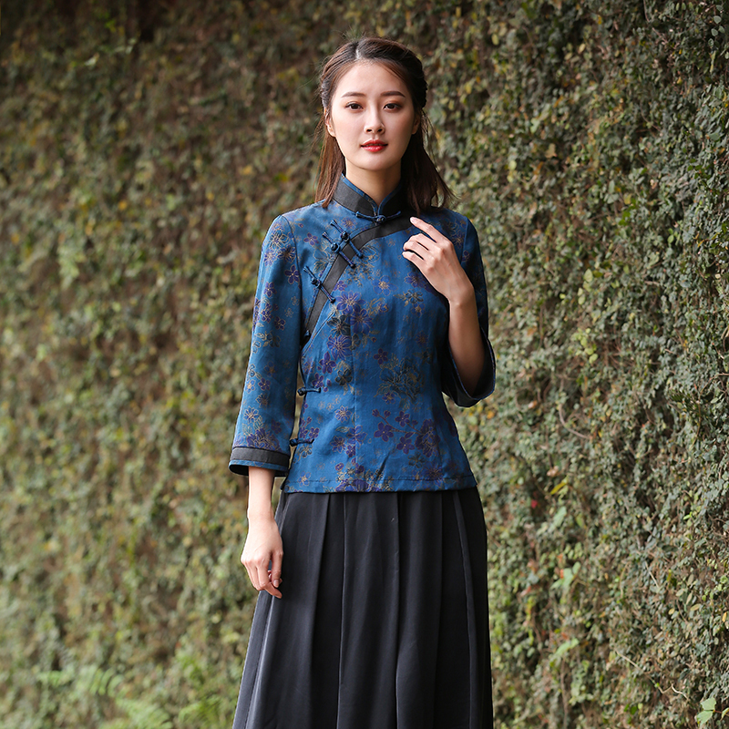 Autumn water ballad (Ran Chunhua) True silk fragrant cloud yarn improved flag-gown style blouses Long sleeves Republic of China Women's dress gown
