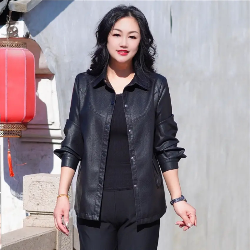 Casual Women's Large Size Leather Jacket Spring & Fall High Quality Mother's Wear Versatile Loose Soft Leather Jacket Top for Women