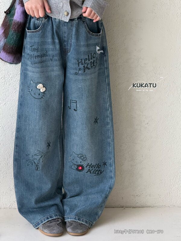 Kukatu Brand 2026 Autumn New Girls' Jeans for Older Children, Loose Casual Kitty Denim 5720 Kukatu Brand 2026 Autumn New Girls' Jeans for Older Children, Loose Casual Kitty Denim 5720