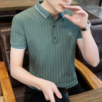 Trend striped mens t-shirt summer business slim ice silk lapel polo shirt mens short sleeve high-end casual mens clothing