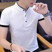 Trend business mens t-shirt summer cotton slim fit half sleeve casual solid color stand-up collar polo shirt mens short-sleeved top