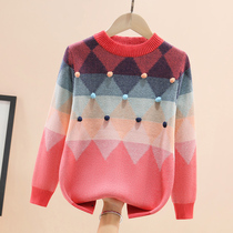 Girls round neck sweater autumn and winter new hot style plus velvet thick pullover sweater big childrens knitted sweater top foreign style