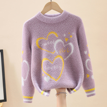 Girls mink fleece sweater autumn and winter childrens middle-aged and older childrens pullover western-style sweater knitted sweater with velvet and thickening