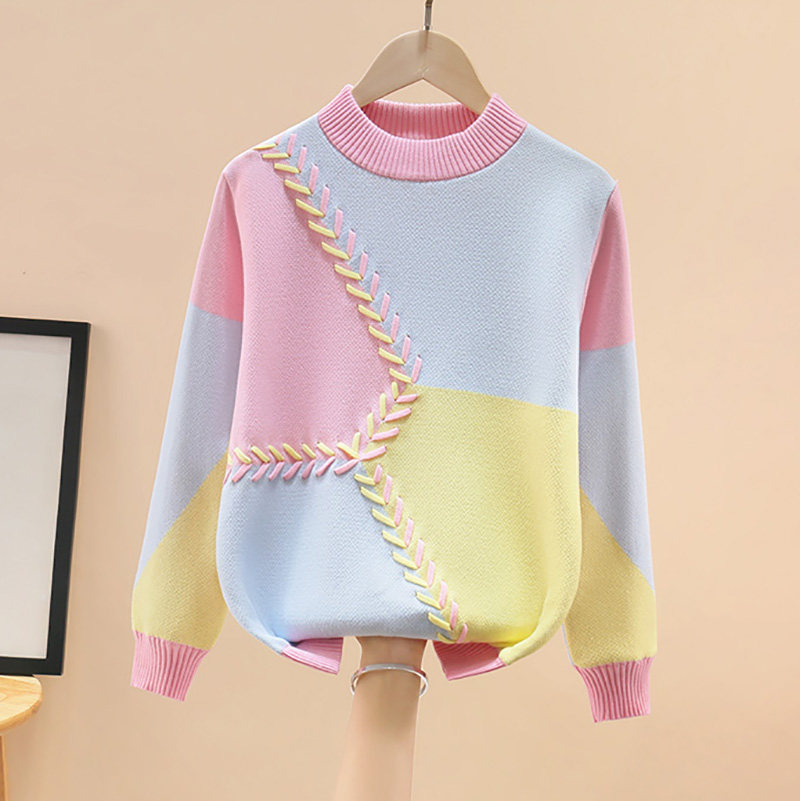 Girls' cotton sweater 2021 children's autumn and winter middle-aged children's plus velvet thickened girl's top knitted sweater Western style Korean version