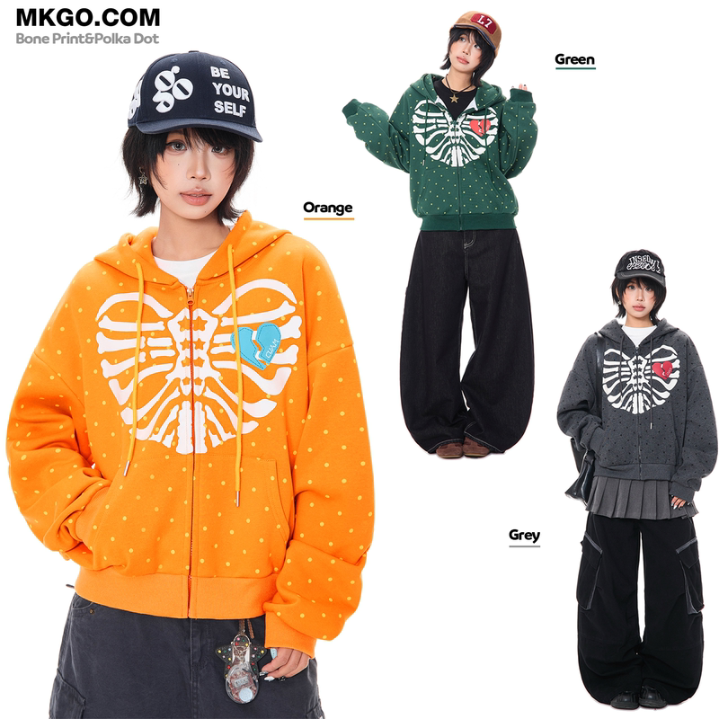 Mkgo Original American Retro Skull Polka Dot Hooded Sweatshirt for Women Autum Loose Casual Cardigan Jacket Top