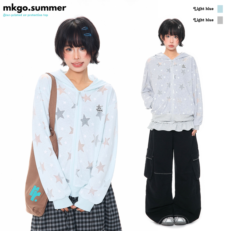 Mkgo Korean Style Girl's Star Embroidered Long-Sleeved Sun Protection Clothing for Women, Summer Thin Breathable Hooded Sun Protection Top