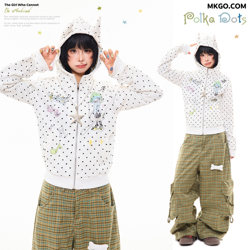 Mkgo American Style Y2K Polka Dot Cartoon Girl Hooded Sweatshirt Women's Autumn Slim Fit Light Versatile Cardigan Jacket Mkgo American Style Y2K Polka Dot Cartoon Girl Hooded Sweatshirt Women's Autumn Slim Fit Light Versatile Cardigan Jacket
