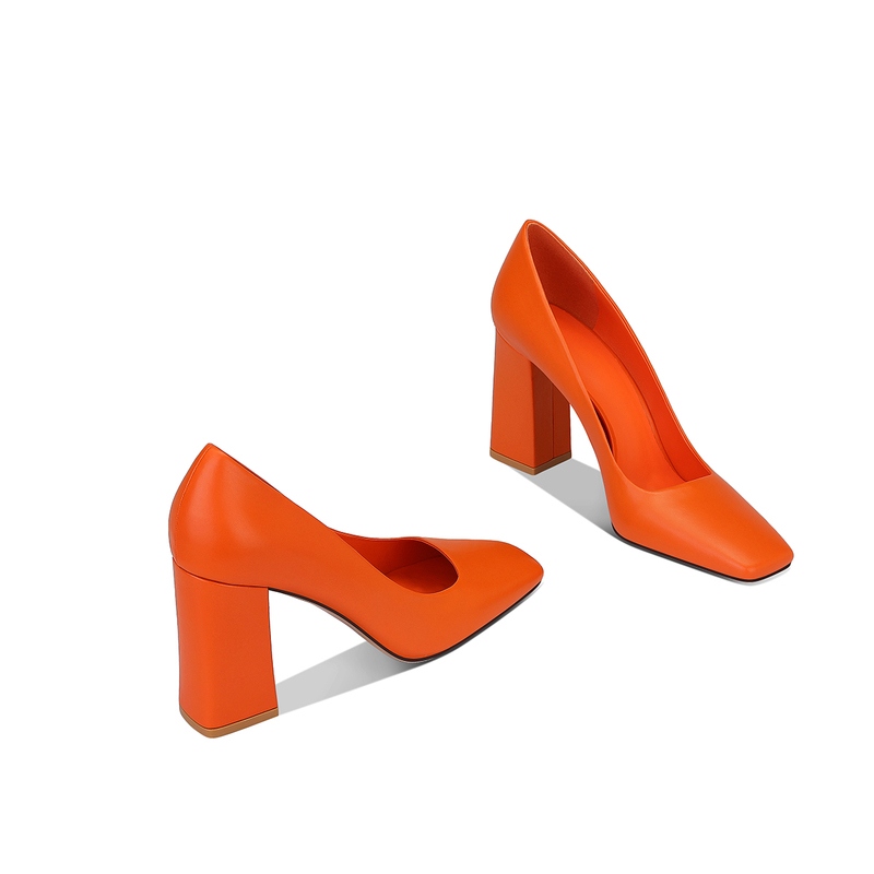 Orange-Red Square-Toe Genuine Leather Chunky Heel Versatile 2026 Spring New Design High-End Elegant High-Heeled Shoes for Women