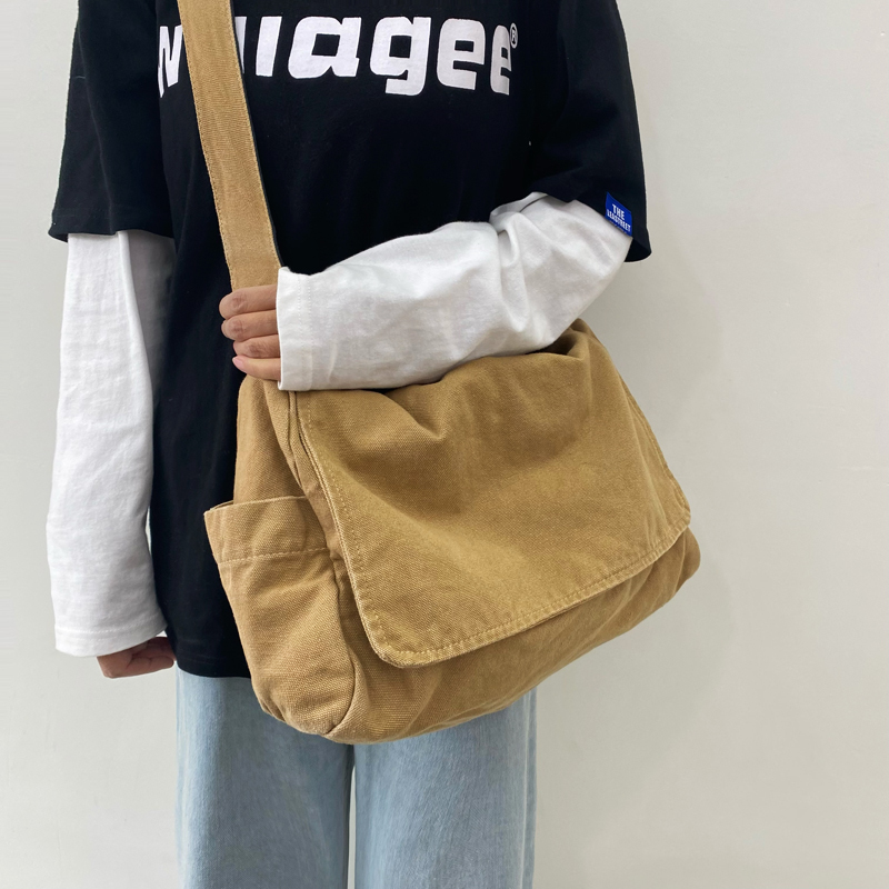 Japanese-Style Washed Canvas Bag, Lazy Style, Drapey Crossbody Bag for Women, Artistic Class Bag, Postman Bag, Casual Shoulder Bag for Men