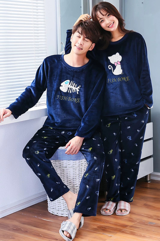 Đồ ngủ nữ mùa thu và mùa đông Hàn Quốc lông cừu san hô dày nam cardigan dễ thương chất béo mm flannel phù hợp với cặp đôi