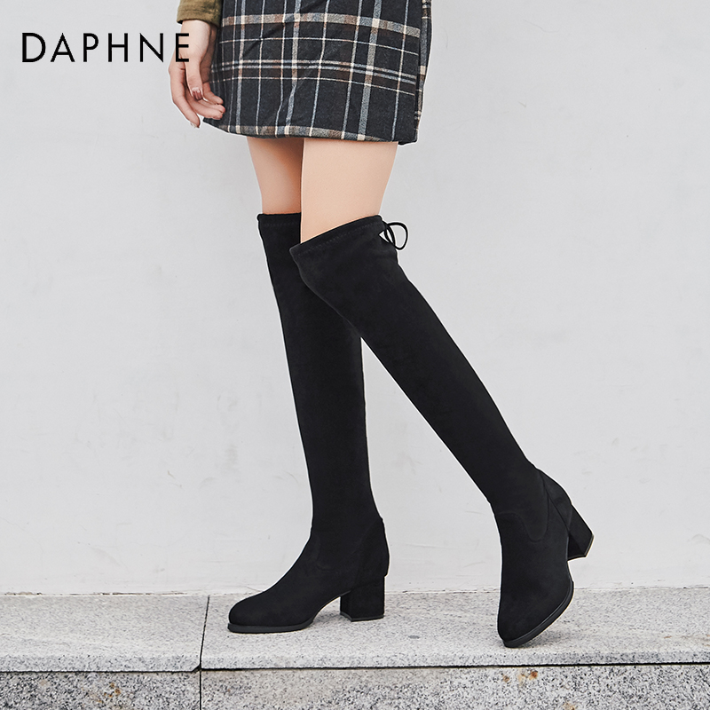 Daphne/达芙妮长靴女过膝靴子2019秋冬新款高筒靴粗跟加绒弹力靴
