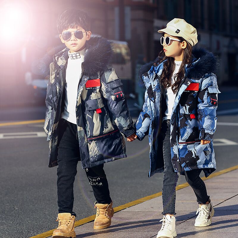 男童羽绒服迷彩儿童装中长款女童大童2019新款洋气正品品牌冬爆款