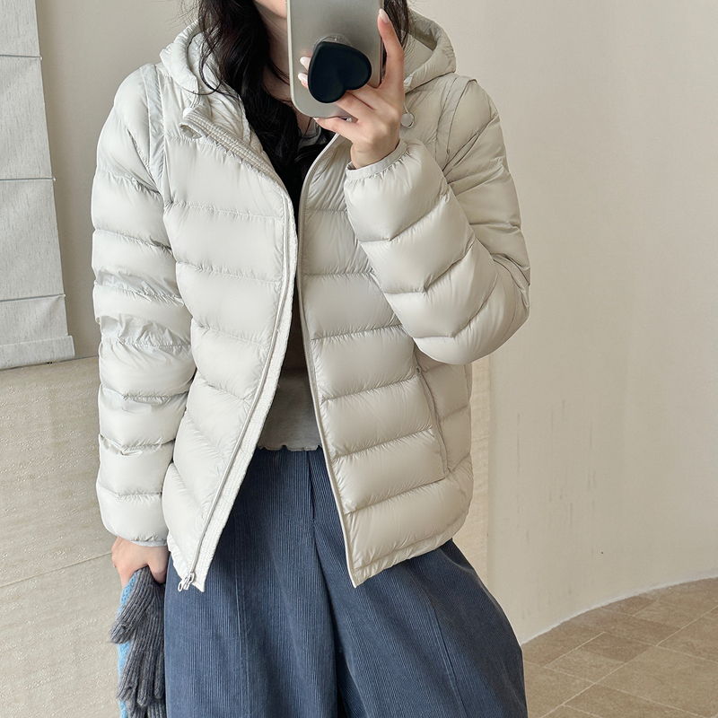 Three-Piece Yellow Ribbed down Vest for Women, Short Style with Hood, Detachable Sleeves, Lightweight Jacket, 95% White Duck Down, Korean Version