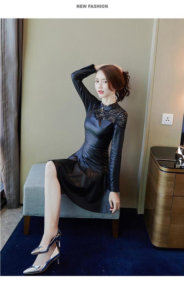 Mùa thu đông 2018 mới nhất Slim OL khí chất ren đáy váy cộng với nhung dày cổ tròn váy da PU 	váy quấn eo
