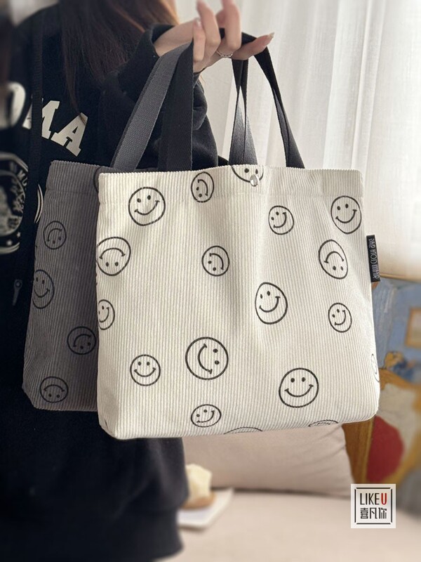 Original LAOSHU Thickened Korean-Style Cute Smiley Face Retro Simple Corduroy Portable Handheld Makeup Bag Lunch Box Bag