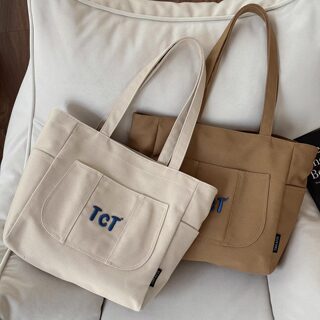 Korean-Style Artistic Letter Embroidery Simple Commuter Shoulder Canvas Bag Daily Casual Versatile Student Tote Bag