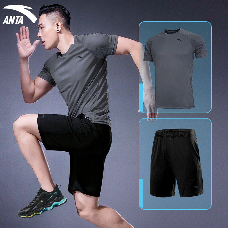 Anta Running Suit Men's Summer Speed Dry Two Sets 2022 New Official Web Flagship Men Casual Sports Suit