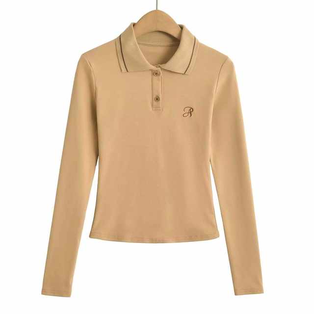 Xiaoru European and American Style Polo Collar Color-Blocked Letter Embroidery Long-Sleeve T-Shirt, Autumn Versatile Navy Blue Base Shirt That Enhances Complexion