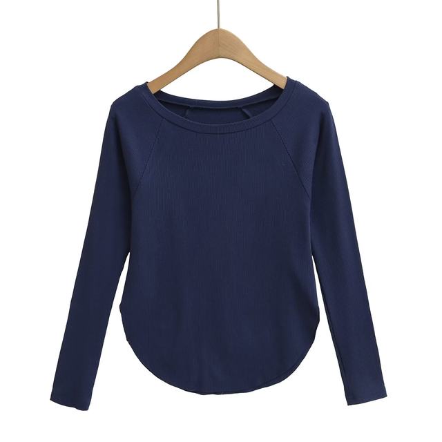 Xiaoru European and American Style Solid Color Basic Round Neck Long-Sleeve T-Shirt for Women, Casual Sun-Protective Cover-Up, Loose Curved Hem Base Shirt