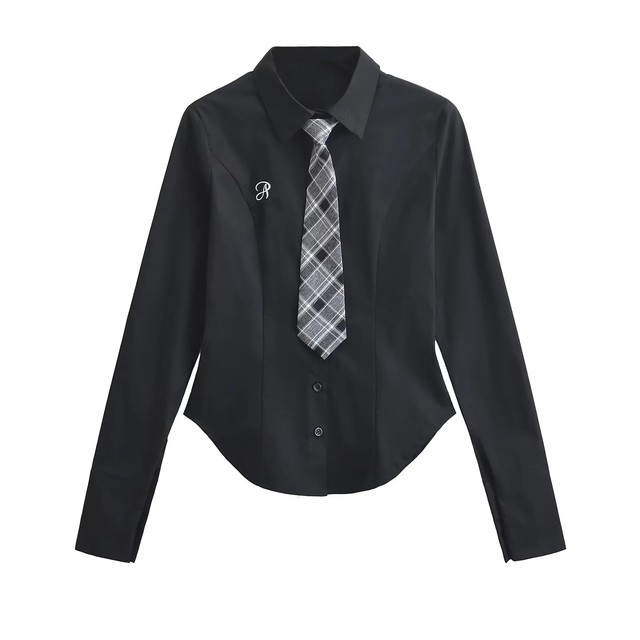 Xiaoru European and American letters embroidered long-sleeved shirt autumn age-reducing contrasting color tie slim fit versatile simple top