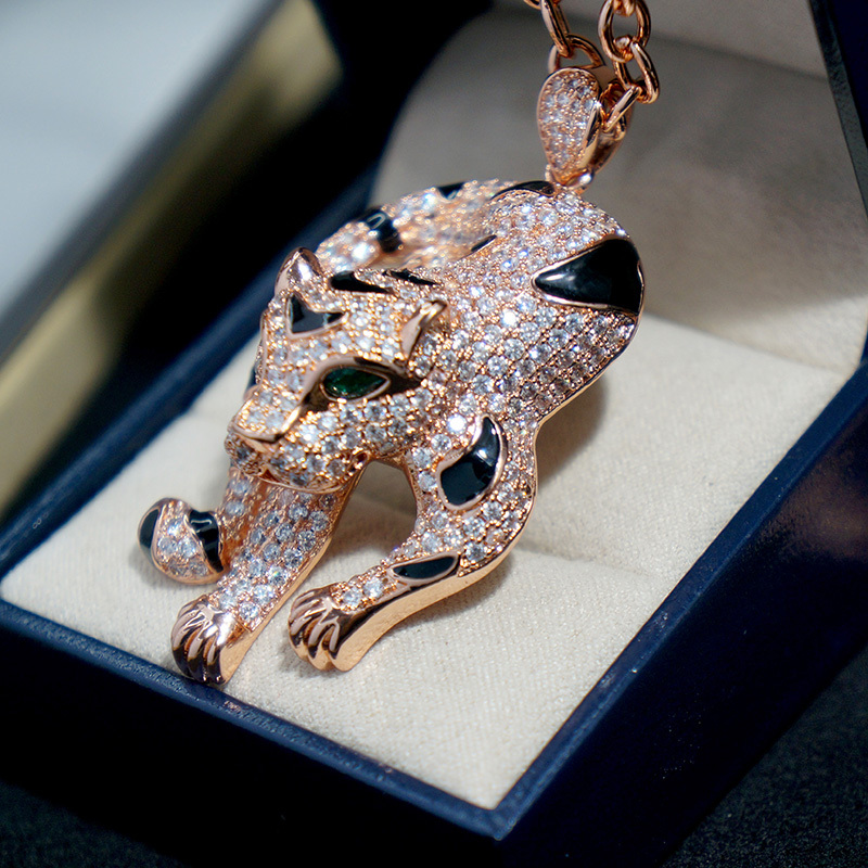 Full Diamond-Studded Zircon Tiger Necklace, Hip-Hop Style, ins European and American Trendy Men's Long Sweater Chain, Punk Cool Leopard