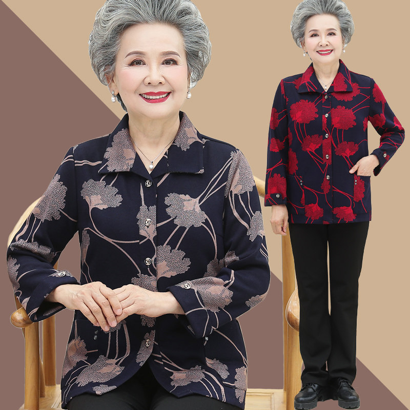 Middle Aged Seniors Autumn Clothing Women's Thick Shirt Grandma Dress Spring Autumn Clothes Mom Long Sleeve Shirt Old Lady Thin Coat