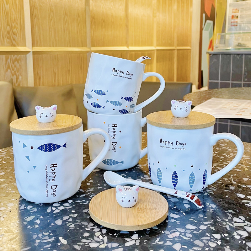 Japanese-style household creativity in coffee Mark ceramic cup cartoon with lid with spoon breakfast milk cup