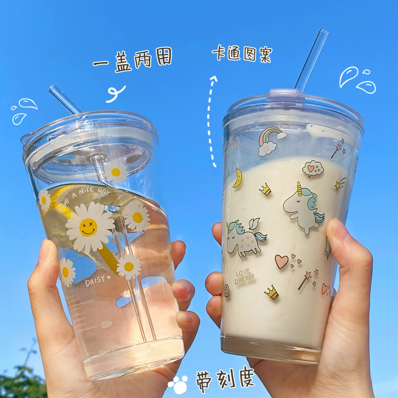 ins straw glass water cup scale juice cup milk tea home with lid drink water transparent cute female milk mug