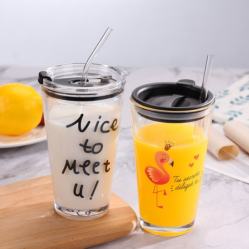 ins Korean fresh cute schoolgirl glass scale Household heat-resistant breakfast milk with lid Straw cup