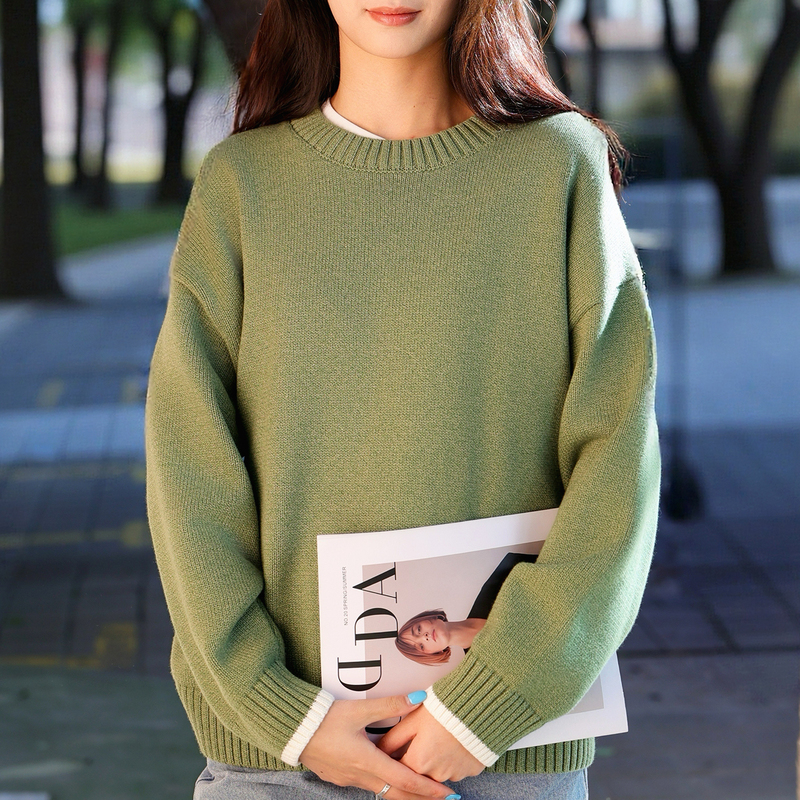 Yarn-Dyed 100% Pure Cotton Sweater for Women, Loose Pullover, Round Neck, Autumn and Winter Knitwear, Fresh and Elegant Inner Wear