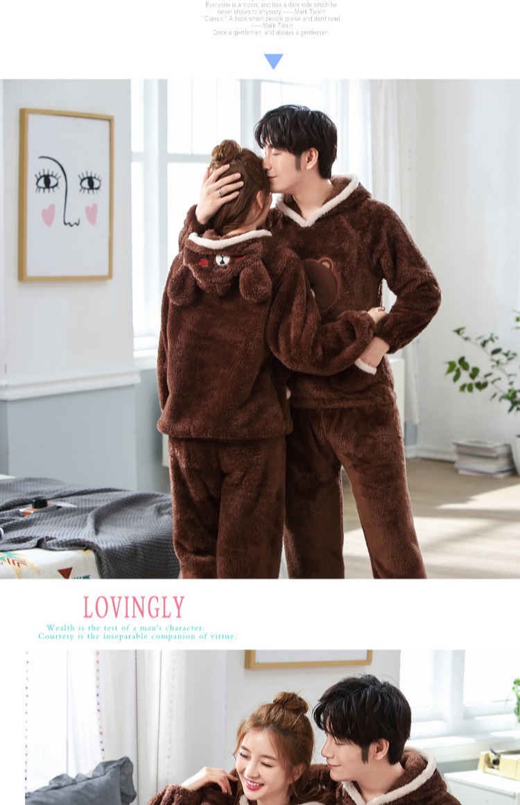 Coral fleece vài bộ đồ ngủ phụ nữ mùa đông dày phim hoạt hình gấu nâu Kenny thỏ trùm đầu flannel nam dịch vụ nhà phù hợp bộ đồ thể thao nữ