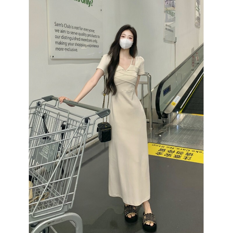 Knitted Dress That Reaches the Ankles, Extra-Long Style for Tall Women, French-Style Spaghetti Strap Long Dress, Summer Floor-Length and Ankle-Length Extension Knitted Dress That Reaches the Ankles, Extra-Long Style for Tall Women, French-Style Spaghetti Strap Long Dress, Summer Floor-Length and Ankle-Length Extension