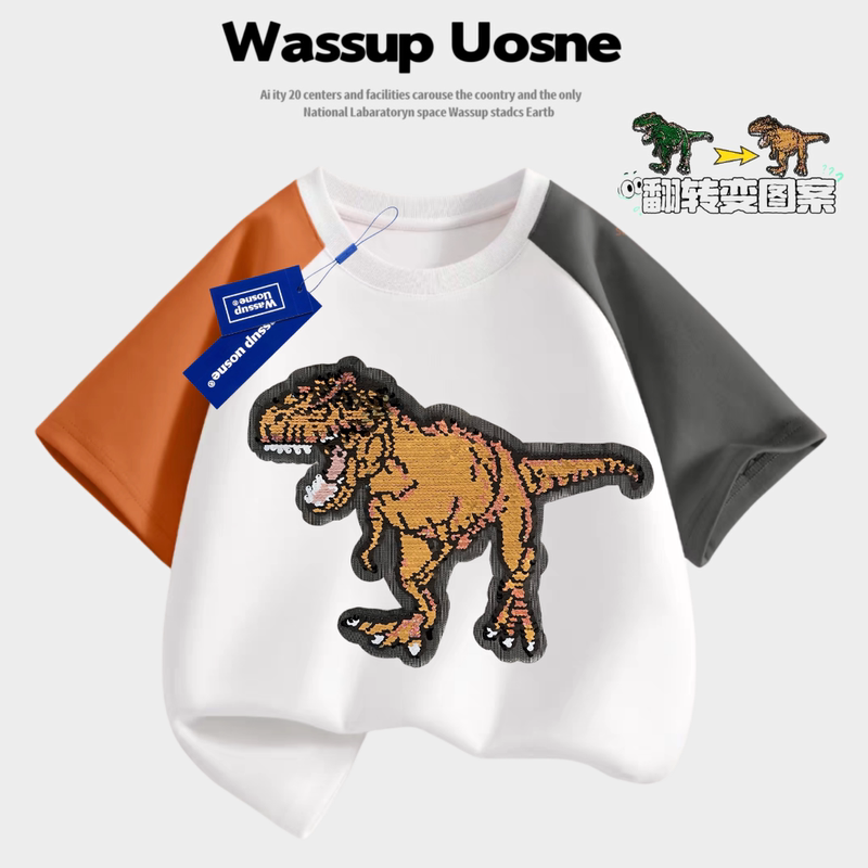 Wassup Co-Branded Dinosaur T-Rex Sequin Reversible Color-Changing Summer Short-Sleeved Pure Cotton T-Shirt with Round Neck for Boys and Girls Wassup Co-Branded Dinosaur T-Rex Sequin Reversible Color-Changing Summer Short-Sleeved Pure Cotton T-Shirt with Round Neck for Boys and Girls