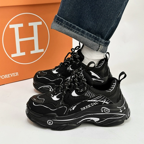 Daddy Shoes Male Ins, модные летние воздухопроницаемые универсальные ins -ввентилированные сетевые туфли толстые дно увеличить спортивные туфли черные сетки