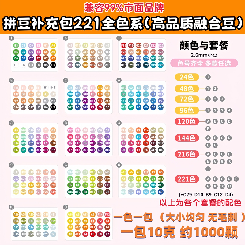 221-Color Bead Refill Pack for DIY Crafts, 2.6mm Fusion Beads, Coco Soybeans, Mard Small Dance Beads, Small Particles