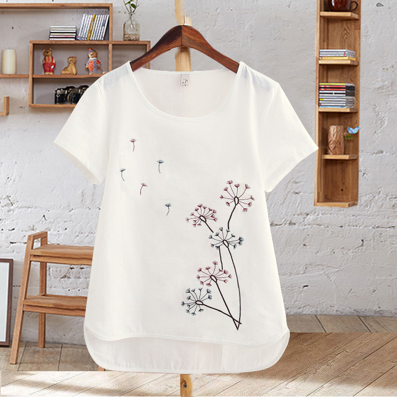 2018 mùa hè của phụ nữ nghệ thuật văn học hoang dã thêu T-Shirt nữ ngắn tay vòng cổ áo thun lỏng giả cotton và linen áo t-shirt áo thun tay dài nữ form rộng