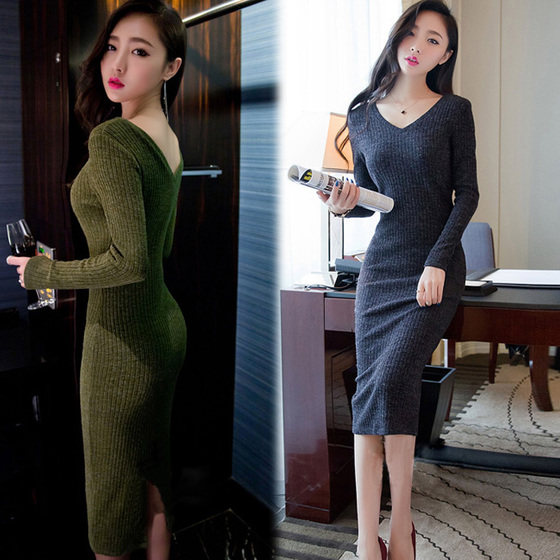 2022 Spring and autumn new long sleeves knit one-piece dress overknee swoon V collar open fork bag gluteal bottom medium length sweaters woman 