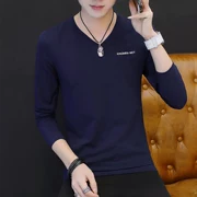 Áo thun cotton cổ chữ V dài tay bên trong trục dài Phần quần áo cotton mùa thu bó sát 桖 áo sơ mi chạm đáy t máu nam