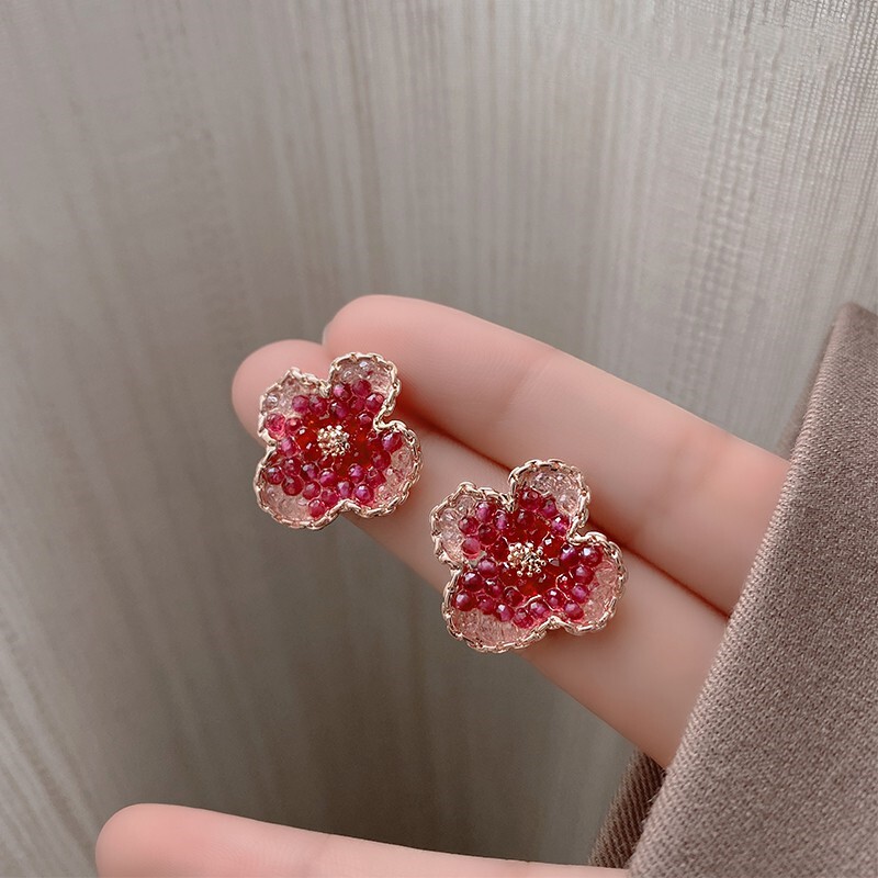Korean red crystal flower earrings female niche design earrings high-end light luxury s925 silver needle earrings