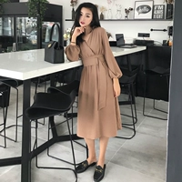 Mùa thu nữ thời trang Hàn Quốc phong cách retro sang trọng tay dài cổ chữ V váy liền thân màu cao eo cao khí chất váy dài thủy triều đầm suông dài