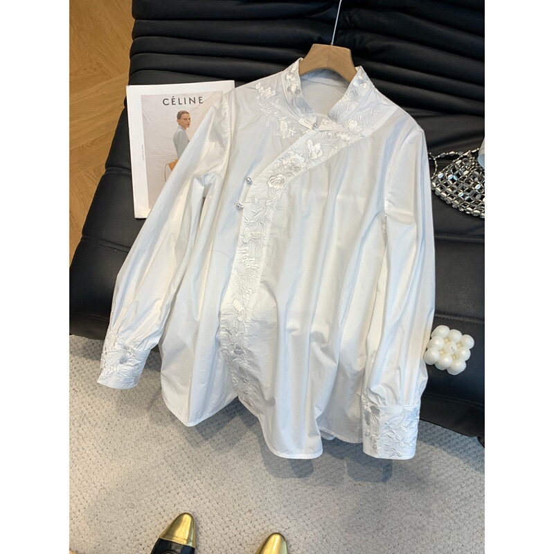 Women's Plus-Size Shirt with Traditional Chinese Style Buttons, 2026 Spring and Autumn New Model, Embroidered National Style Top