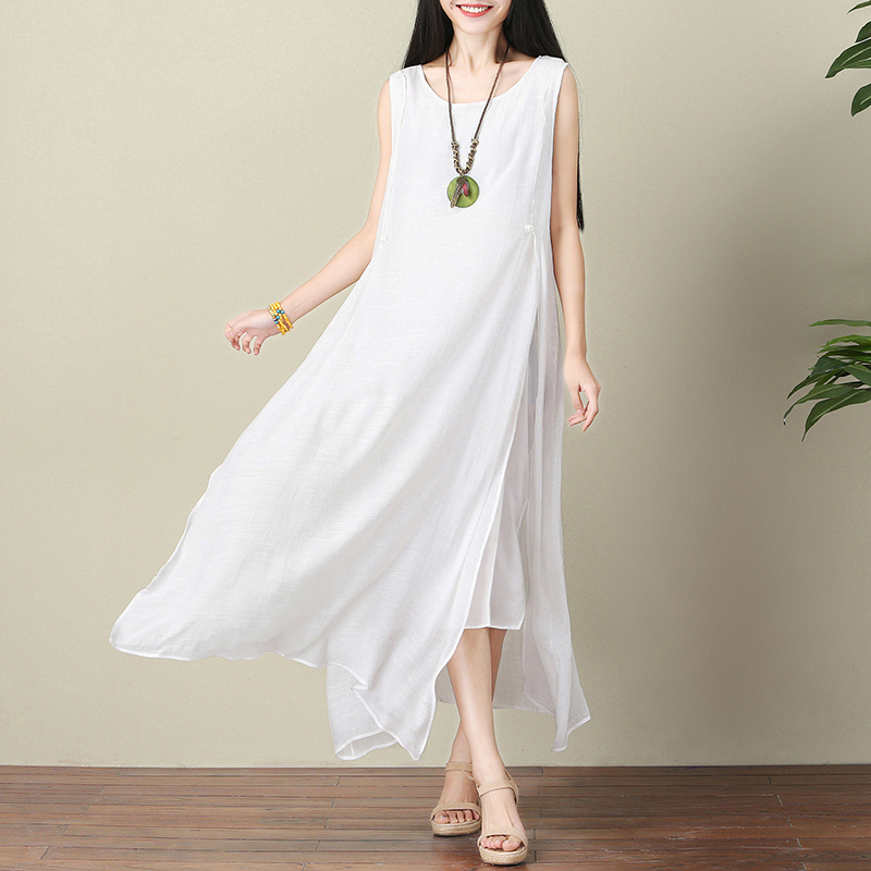 Summer Plus-Size Casual Double-Layer Silk and Linen Dress, Artistic and Ethereal Sleeveless Tank Dress, White Travel Vacation Long Dress